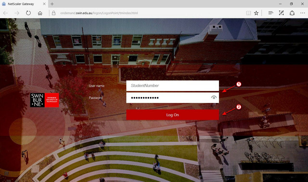 App on Demand. Step 2. 截图的web浏览器打开一个斯文本科技大学的登录页面。1号箭头指向2号密码字段和一个箭头指向登录按钮