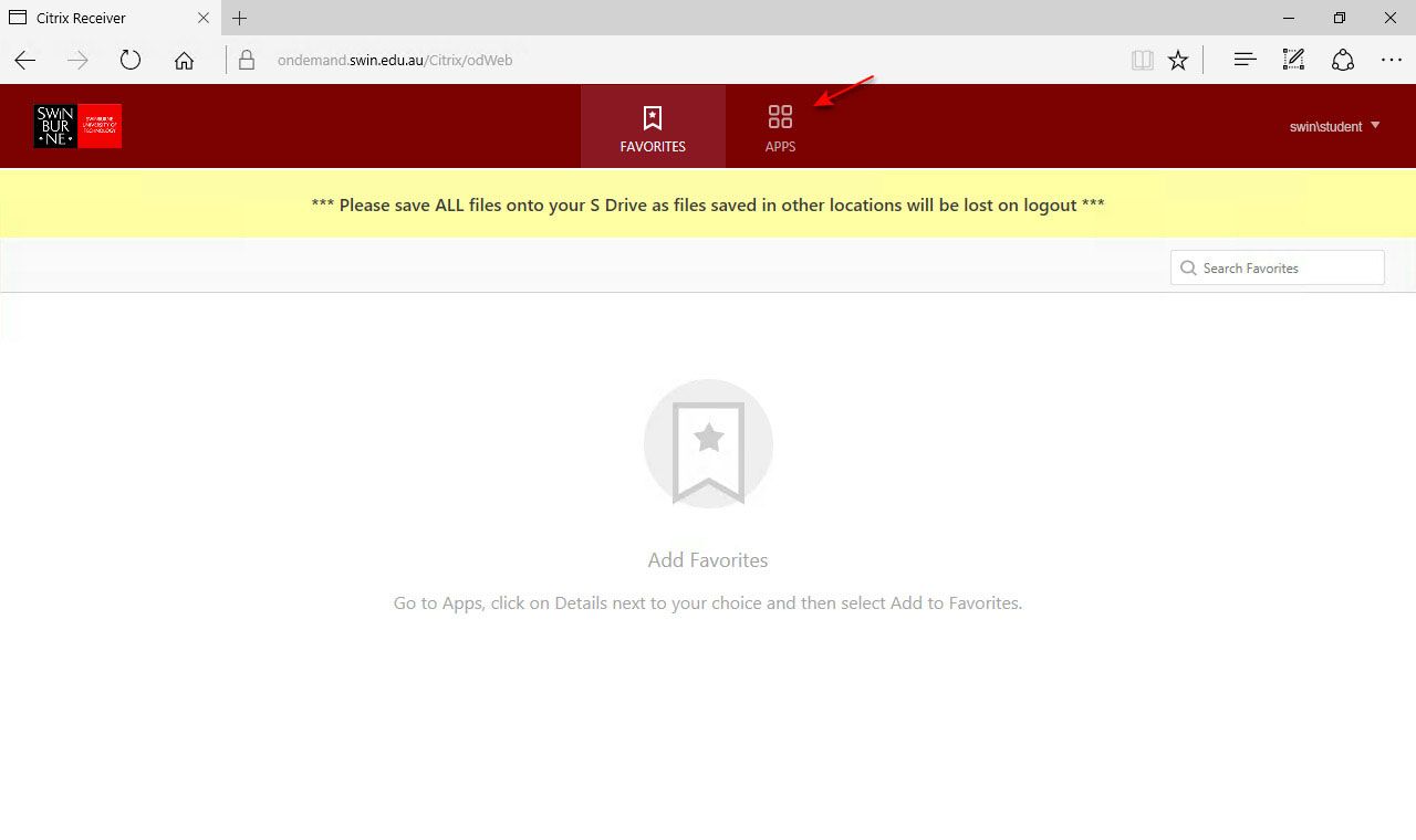 App on Demand. Step 6. 截图的web浏览器打开斯文本科技大学的应用需求和一个红色箭头指向的应用图标