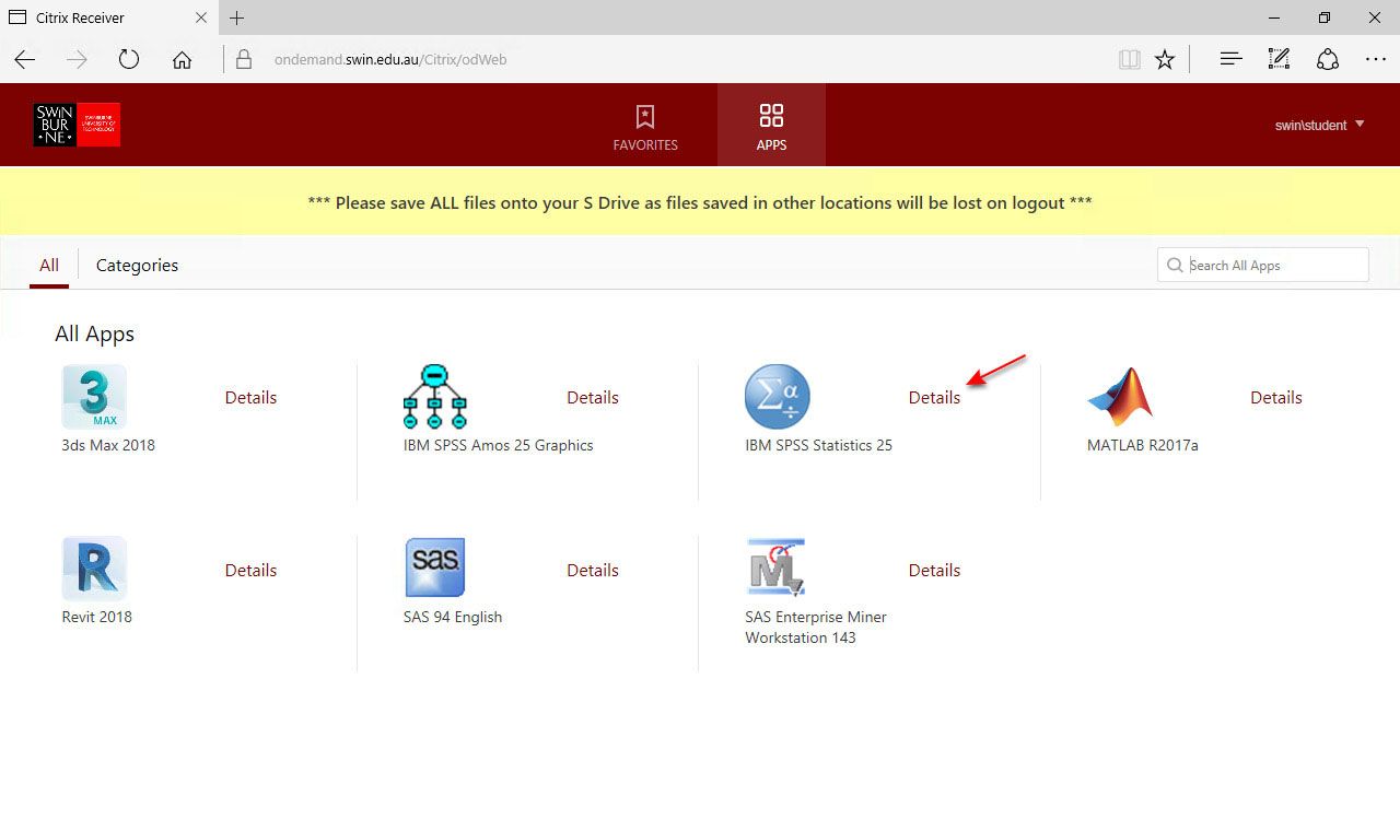 App on Demand. Step 7. web浏览器打开的截图斯文本科技大学的应用需求与红色箭头指向的链接题为细节