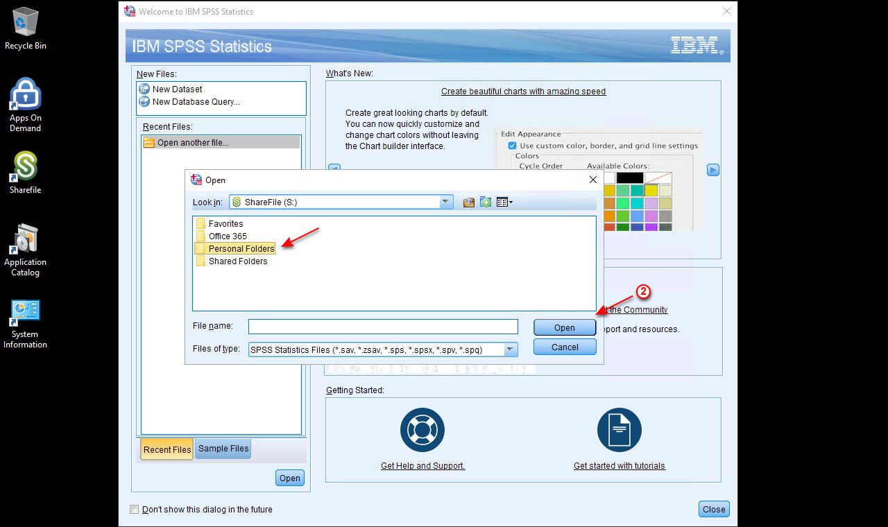 App on Demand. Step 17. 截图的IBM项目与一个红色箭头指向个人文件夹和一个箭头标记2是指向打开按钮
