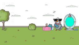一只卡通鸽子戴着超大的黑色墨镜和粉色的花朵项链，站在传送机旁边，这是Swintopia (Swinburne的虚拟校园体验)的一部分。