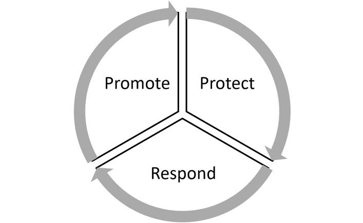 圆分成3部分促进言语,保护和响应占领每一节。灰色箭头点沿顺时针方向在循环。