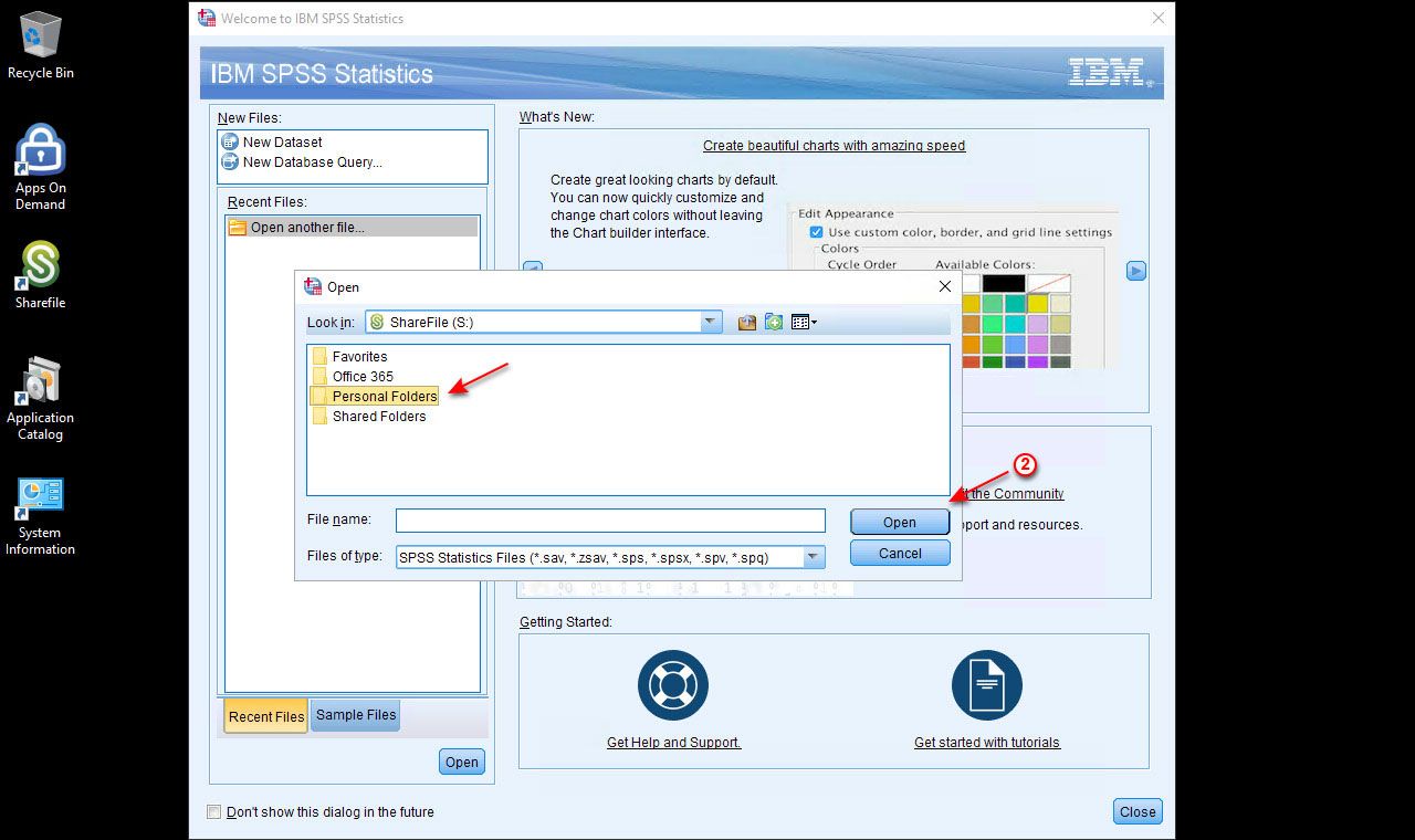 截图的IBM项目与一个红色箭头指向个人文件夹和一个箭头标记2是指向打开按钮