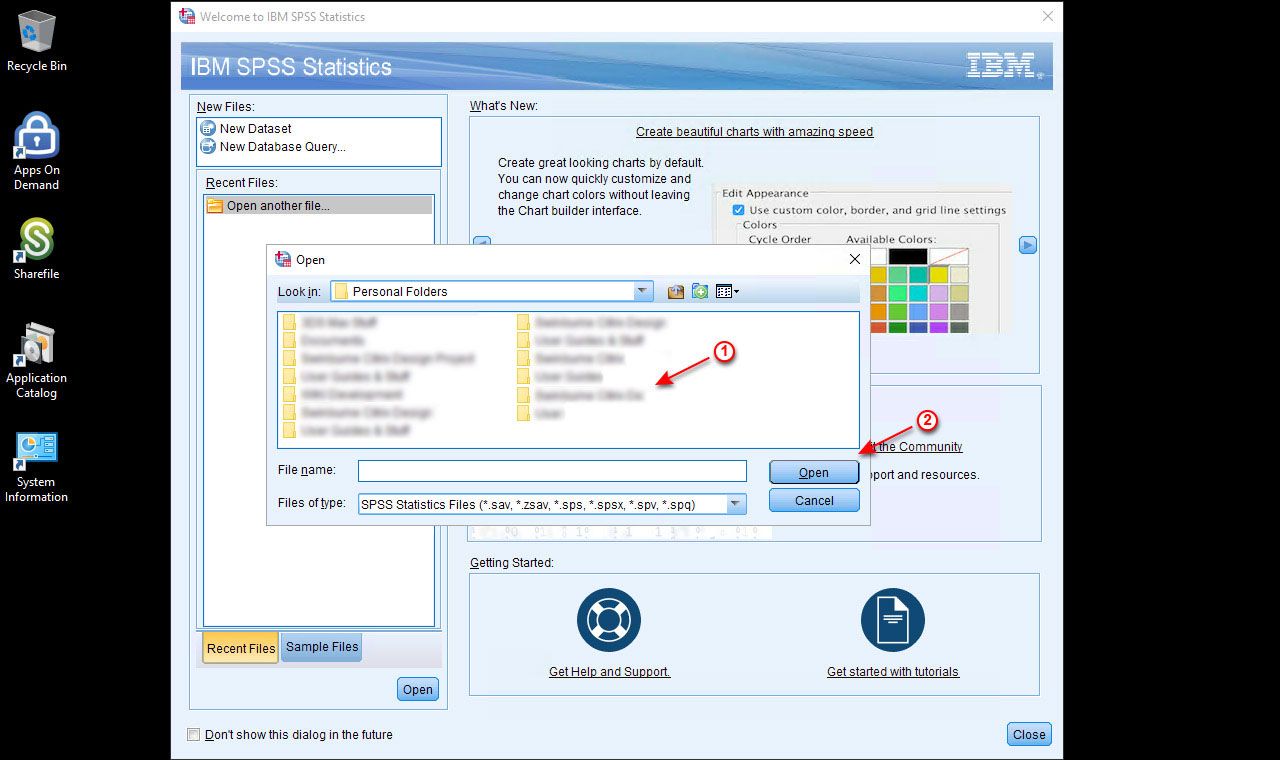 截图的IBM项目红色箭头标签1指向文件夹列表,另一个箭头标签2指向打开按钮