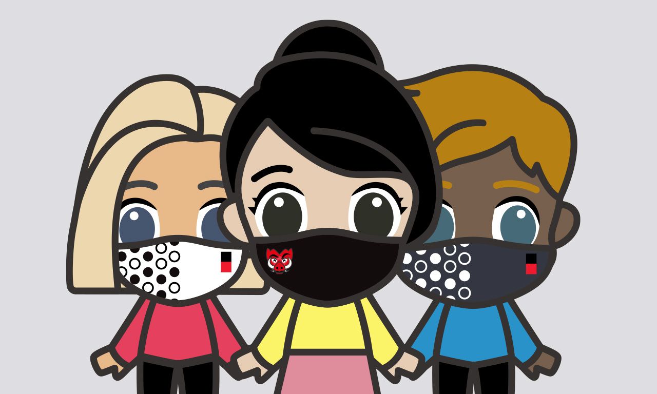 三个Swinburn卡通人物戴着斯文本科技大学品牌的面具