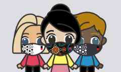 三个动画角色戴着斯文本科技大学品牌的面具,中间的一个穿着新的本土设计