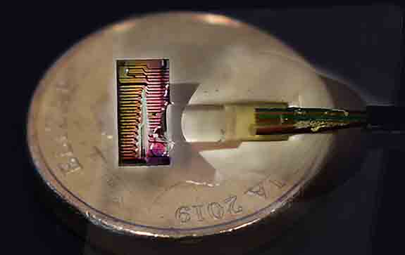 2澳元硬币上的微型梳子芯片。这个微小的芯片会产生红外线彩虹光，相当于80束激光。图像右侧的丝带是连接到设备的光纤阵列。芯片本身的尺寸约为3x5毫米。