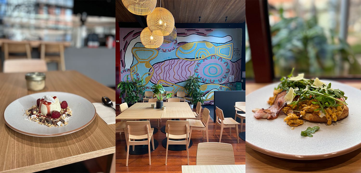 左:自家制作酸奶(希腊酸奶与本地草莓口香糖、麦片和一个椰子奶油)中间:在与土著Co-Ground壁画艺术家曼迪巴顿在墙上:辣椒炒