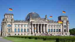 德国国会大厦在柏林与德国国旗,蓝色的天空