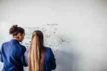 两个十几岁的女学生肩并肩站在一块大白板前，在黑板上解一个数学方程。