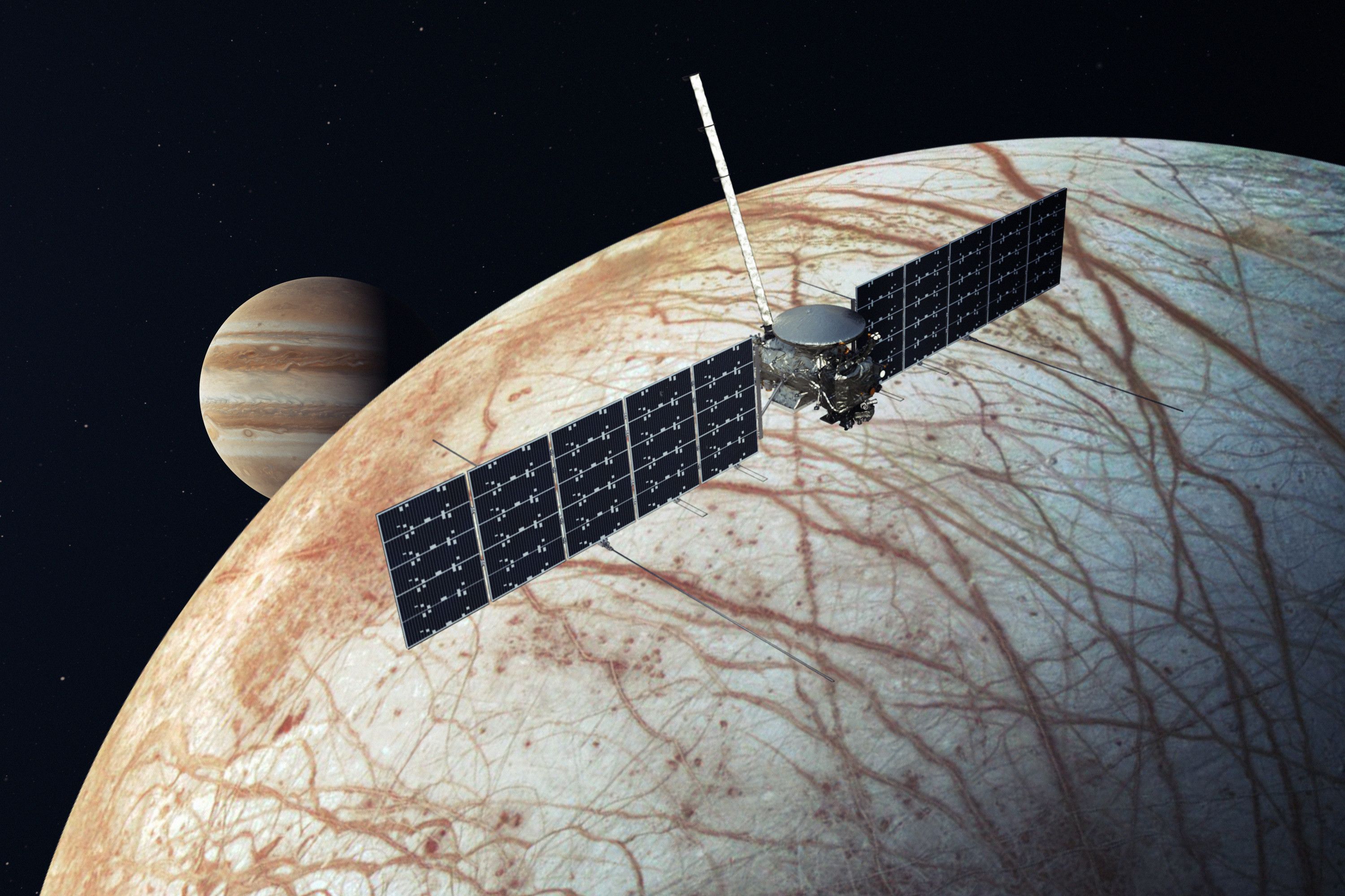 正在开发的木卫二快船任务的概念图显示了一颗卫星在木星和冰冷的卫星木卫二旁边