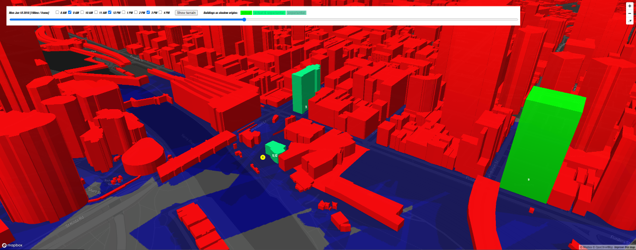 计算机生成图像显示鸟瞰城市的建筑在红色和绿色,蓝色脉岩。