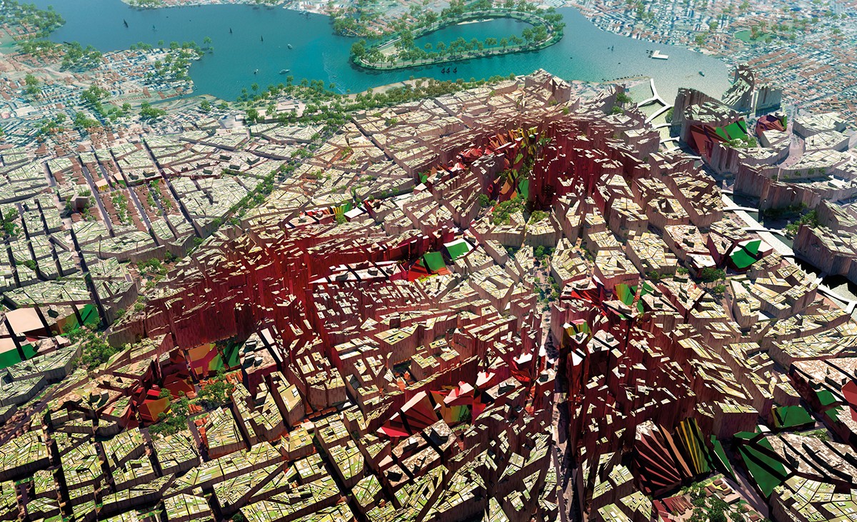 计算机生成的图像显示出城市的鸟瞰图,河流蜿蜒穿过它,包括一个可视化的各种地形的高度。