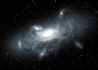 艺术家的印象是我们银河系的青年。五个小卫星星系,各种类型和尺寸的过程中被累积到银河系。炯炯有神的星系提供了一个快照,一个婴儿在宇宙银河系,它存在质量时间。
