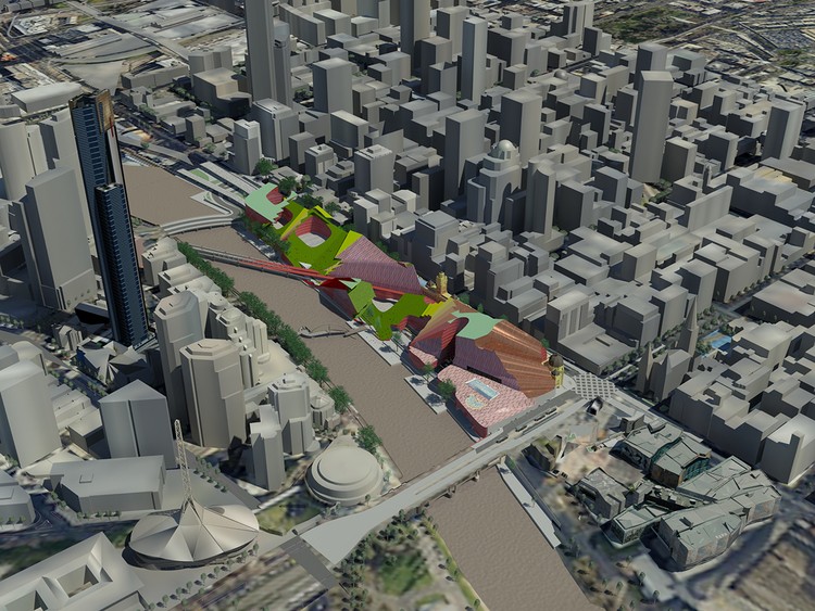 墨尔本CBD的计算机生成的图像显示中间的亚拉河和弗林德斯街站设计颜色2022卡塔尔世界杯预测。