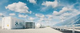 现代的氢能存储系统伴随着大型太阳能发电厂和风力涡轮机公园，阳光明媚的阳光明媚，蓝天和散落的云层。3D渲染。