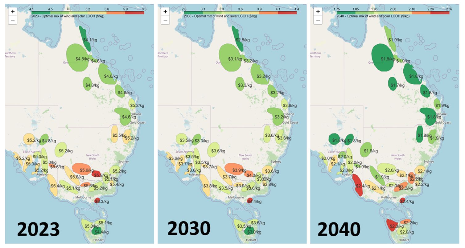 除去其他的澳大利亚可再生能源区氢成本2023,2030和2040。(来源:史蒂文•珀西维多利亚氢中心)