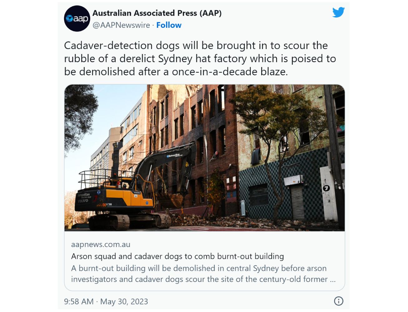 推特在悉尼AAP的仓库火灾