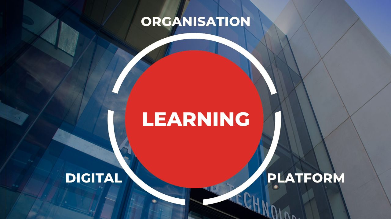 一个图形描述了学习(在一个圈内)与周围的组织、平台和数字体验之间的关系。