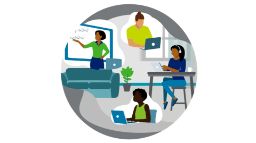圆形插图显示了四个人在不同的工作环境中使用笔记本电脑工作。