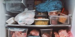 冰箱里有很多不同的食物在不同的集装箱堆积在一个冰箱。