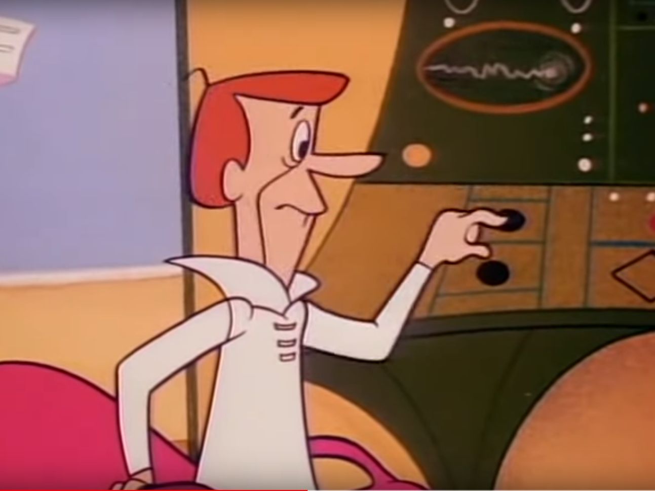 George Jetson正在推动一个按钮在工作机器,穿着一件白色上衣,看起来有点担心
