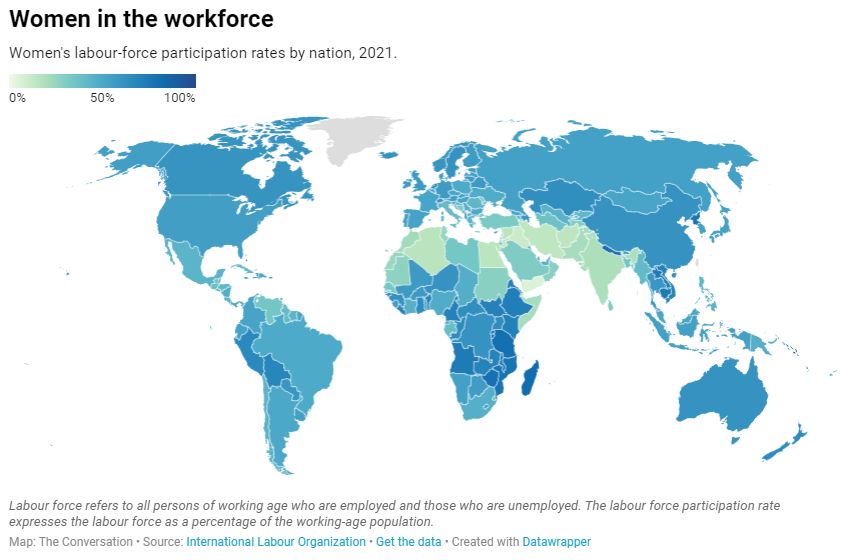 世界地图与各国不同深浅的蓝色取决于女性的比例在这个国家工作。暗蓝,越来越多的女性在该国的劳动力。
