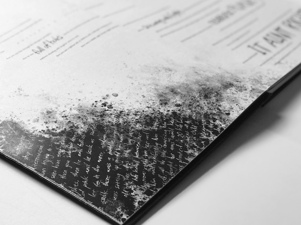 一个角落白色页面看起来覆盖着灰色的火山灰和墨水。潦草的白色文本片段nside黑暗。