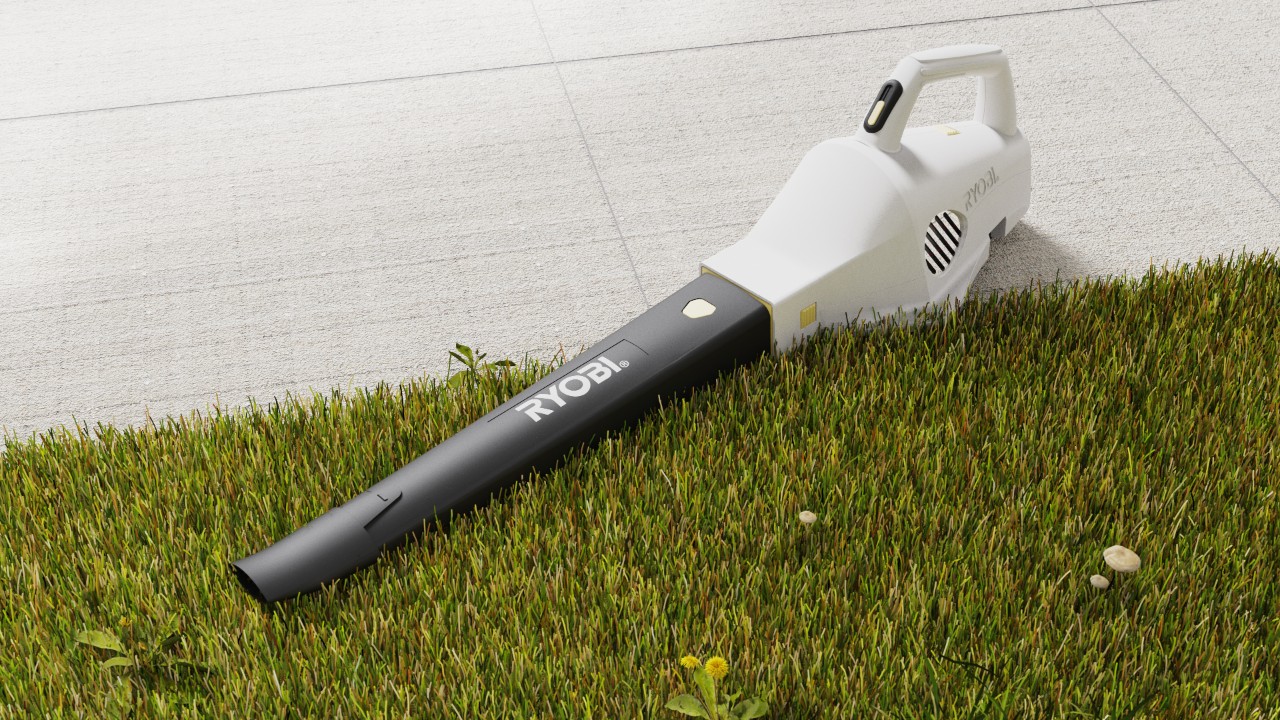 渲染一个光滑的吹风机坐在绿色的草坪和干净的路面