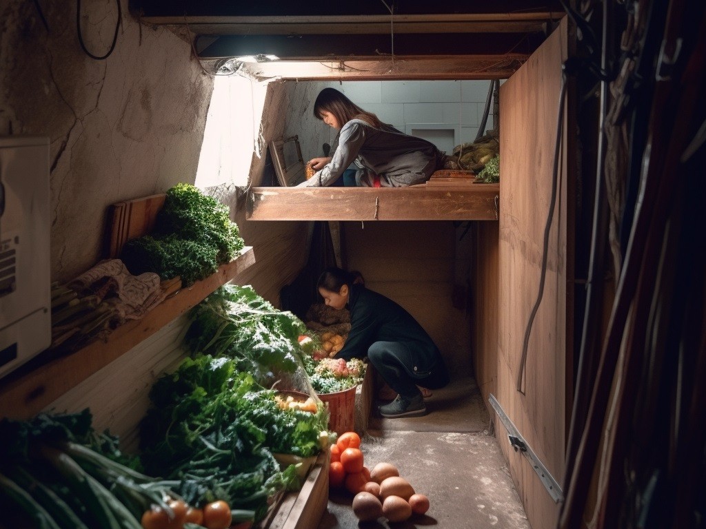 两人蹲在一个小的地下空间,整理成堆的新鲜蔬菜