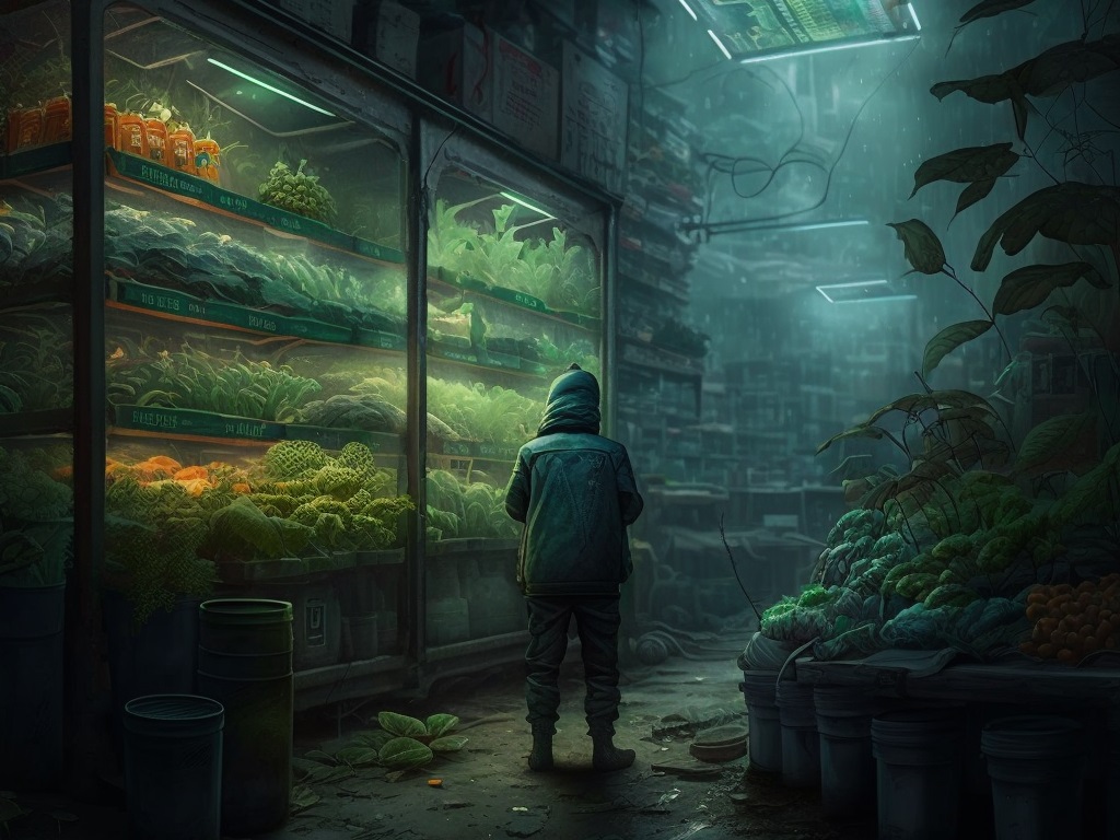罩的图站在阴影面积大,反乌托邦,地下洞穴,前面的玻璃冷藏集装箱的新鲜蔬菜