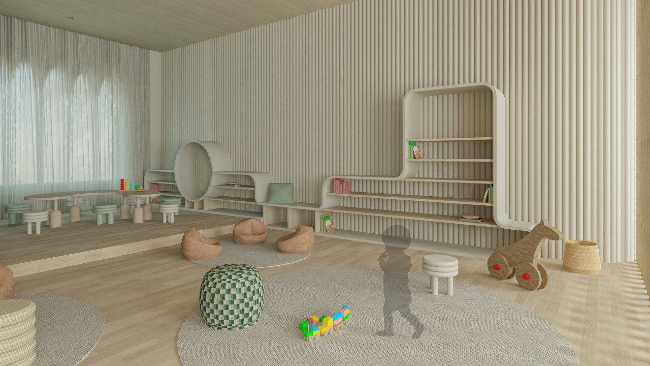 使用天然木材和柔和的颜色渲染室内儿童游乐区