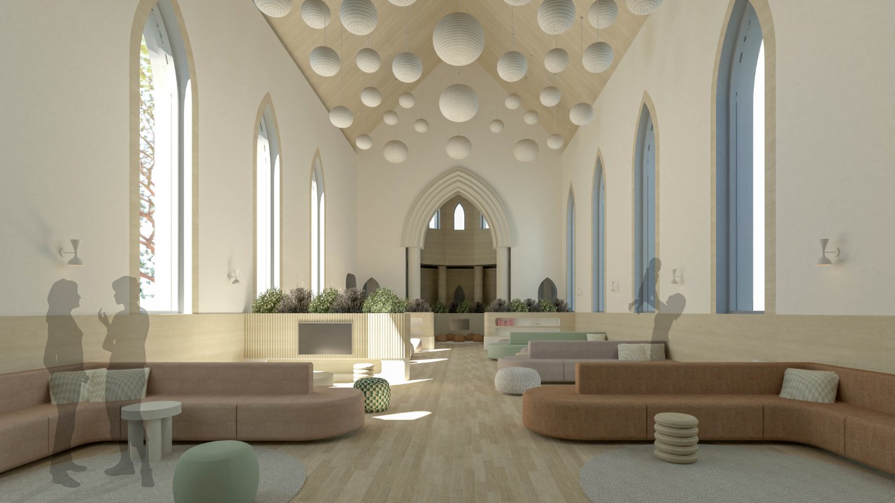 重新设计的哥特式教堂风格的内部渲染，柔和的色彩和家具成为公共空间