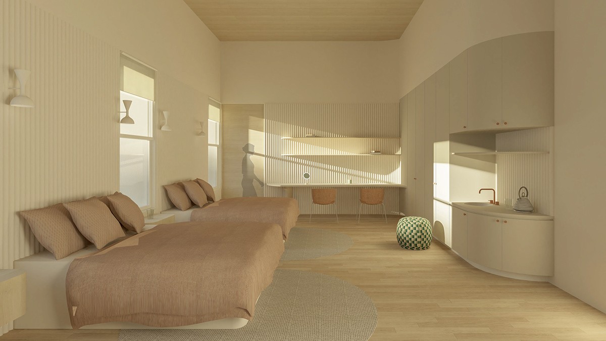 用柔和的颜色和天然木材设计的卧室渲染图
