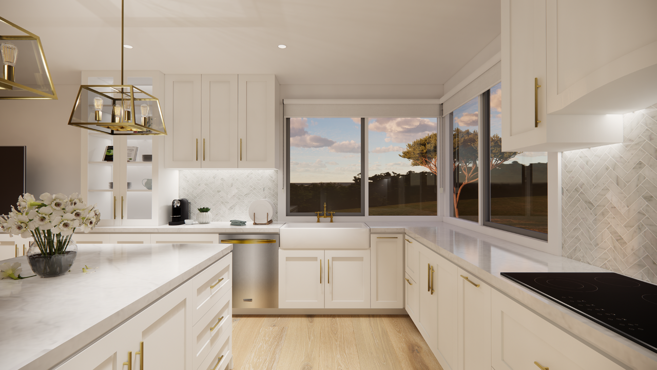 渲染的奶油厨房与黄铜强调轻木地板，从窗户看风景