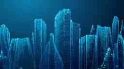 抽象的虚拟呈现蓝色的城市相互连接角划线。